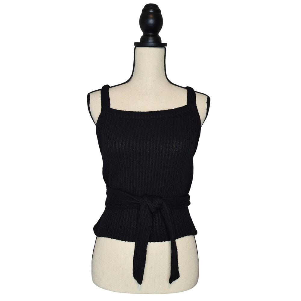 Madewell Texture Thread Black Ribbed Knit Square Neck Cami Tie Waist Wrap Tank S
